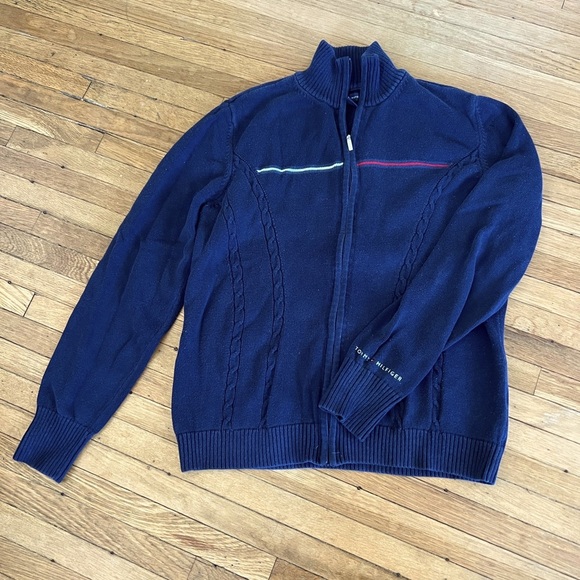 Tommy Hilfiger 100% Cotton Navy Full Zip Cable Knit Mock Neck Sweater | Large - Picture 1 of 3